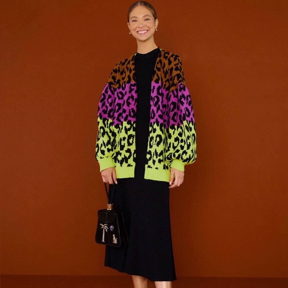 Farm Rio Mixed Leopard Open Front Cardigan Colorblock Sweater Top XS S M $215